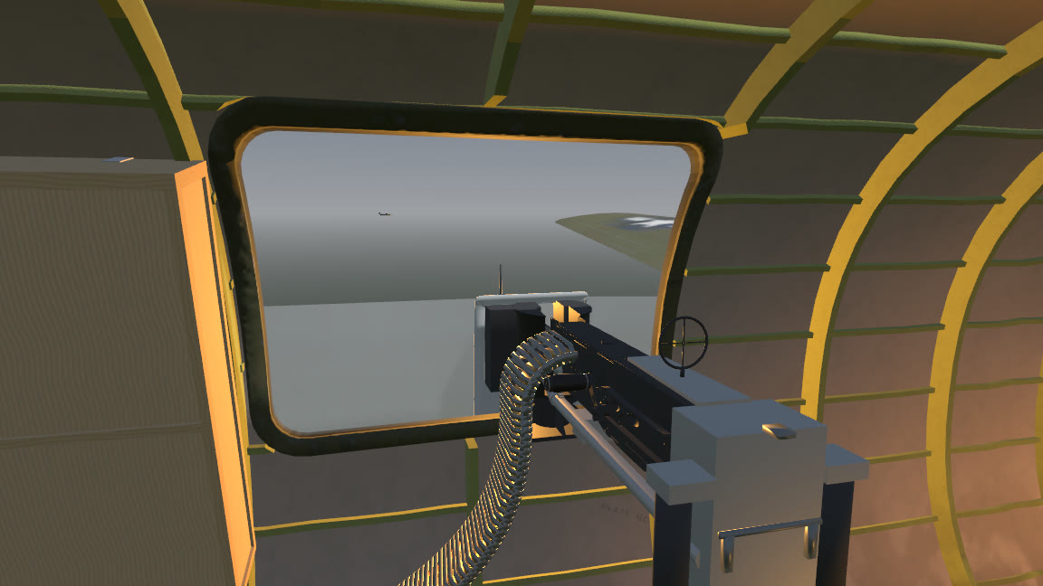 A waist gun at its window, the ammo belt feeding it